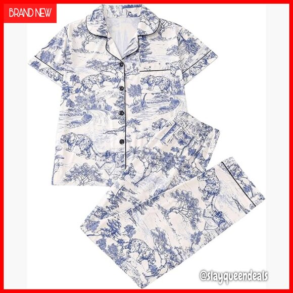 2 Piece Pajama Set Button Down Shirt Lounge Pants Sleepwear